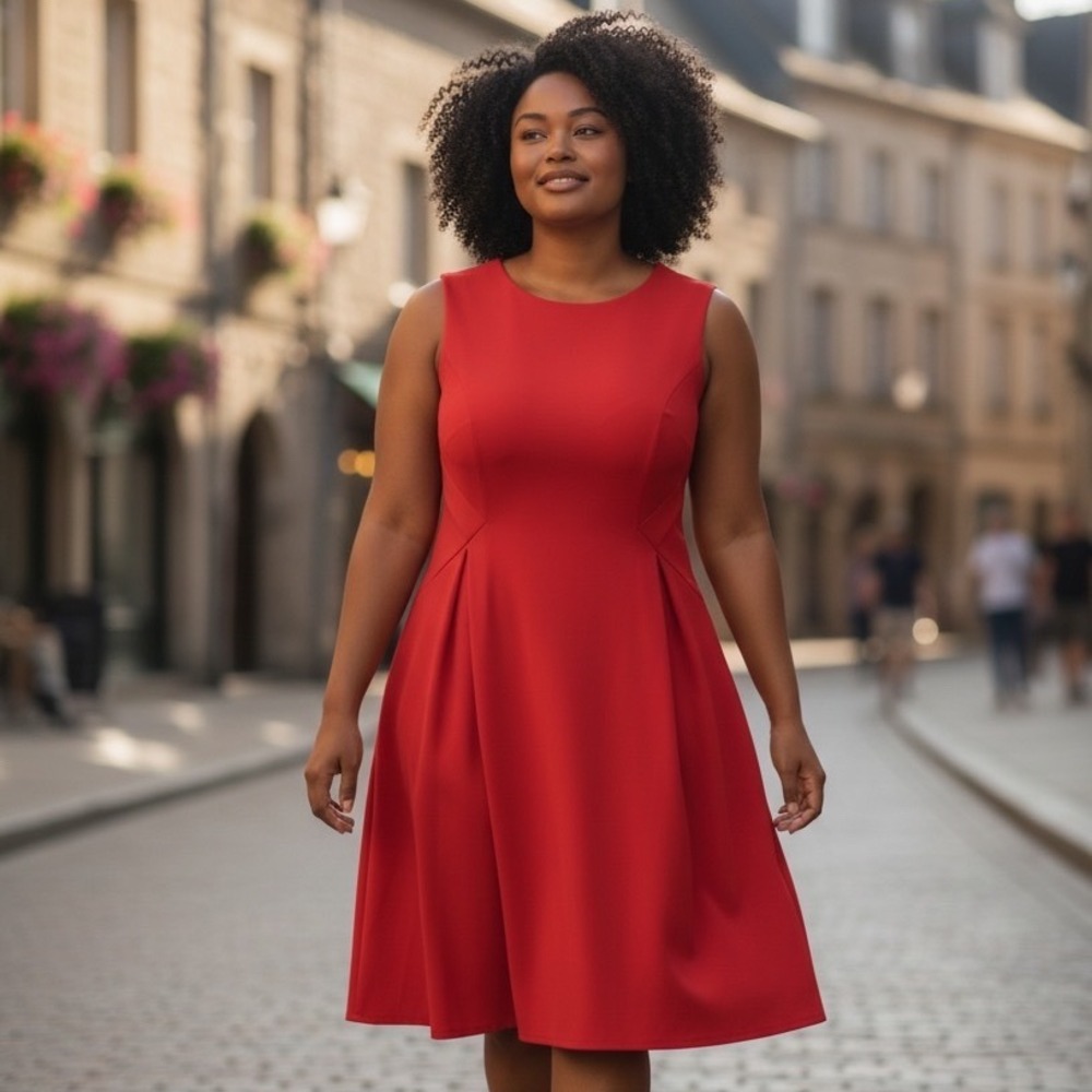 Neiman Marcus Red Sleeveless Fit and‎ Flare Dress Size 10 Gold Back Zip Pleated